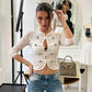 Elegant See Through White Lace Shirts for Woman Clothing Single Breasted 3/4 Sleeve Crop Tops