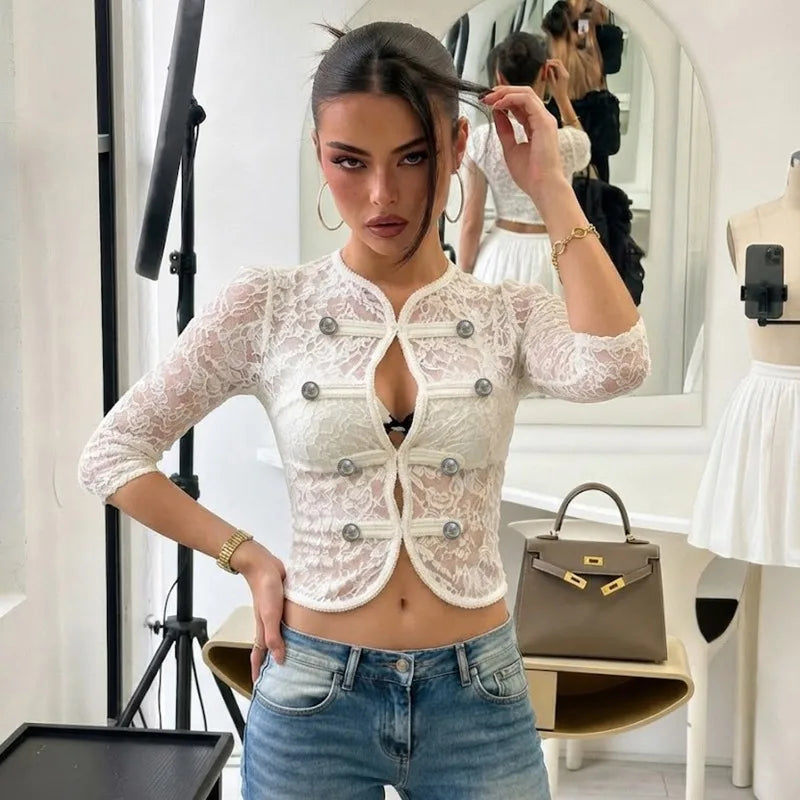 Elegant See Through White Lace Shirts for Woman Clothing Single Breasted 3/4 Sleeve Crop Tops