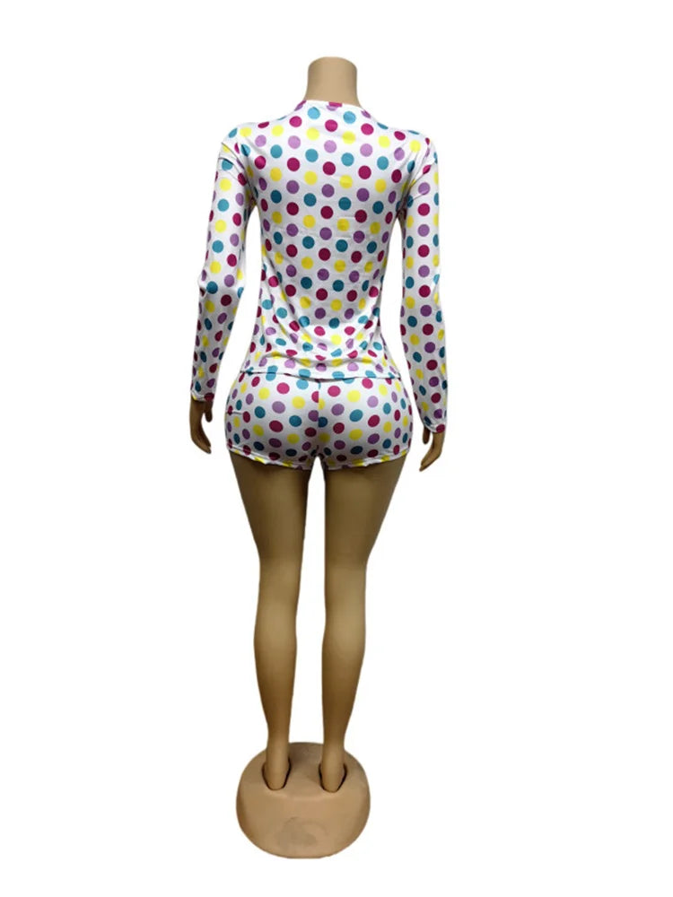Colorful Polka Dot Print 2-Piece Set Women o-Neck Button Full Sleeve t-Shirt Fashion Suit +Elastic Waist Simple Short