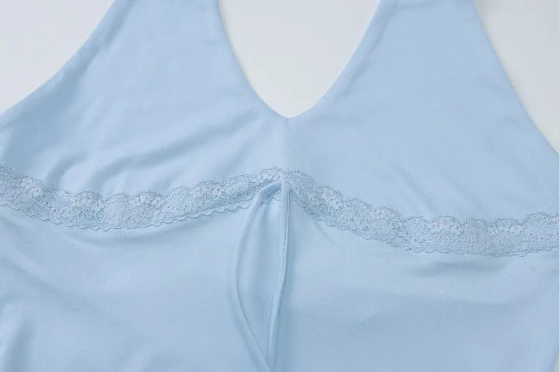 Y2k Summer Co Ord 2 Piece Set Lace Trim Halter Top and Mini Skirt with Shorts Underneath Cute Vacation Outfits