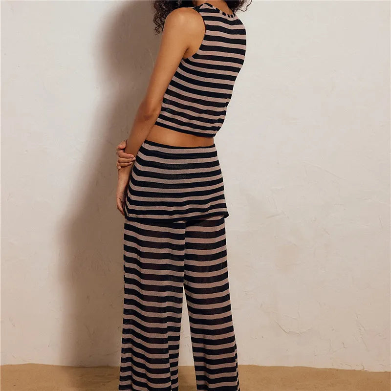 Striped Two Piece Loungewear Crew Neck Sleeveless Short Crop Top Wrap Cover Wide Leg Palazzo Pants Women Summer Set