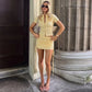 Yellow Textured Two Piece Set Drawstring Ruched Mini Skirt and Top Sexy Womens Outfit