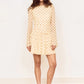 Women Polka Dot Mini Dress Long Flare Sleeve Round Neck Mesh Ruched Waist Pleated A‑Line Short Party Casual Dresses