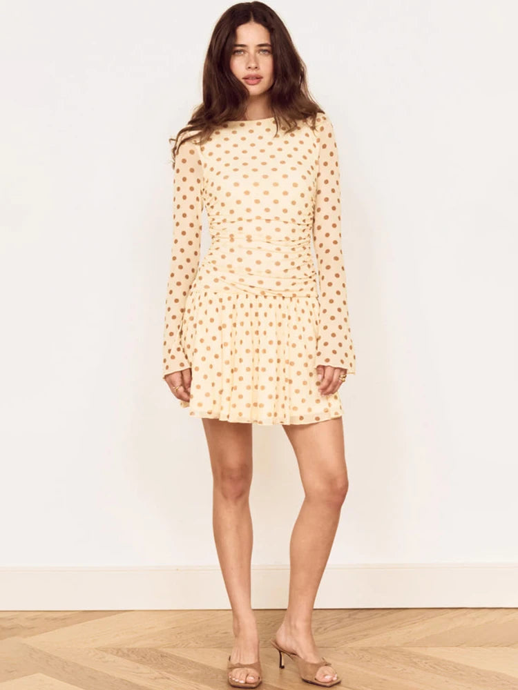 Women Polka Dot Mini Dress Long Flare Sleeve Round Neck Mesh Ruched Waist Pleated A‑Line Short Party Casual Dresses