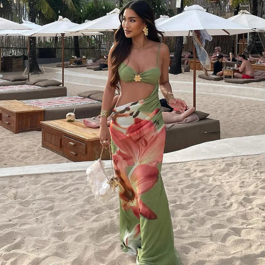 Tropical Floral Print Cut Out Backless Maxi Dress 2026 Woman Sexy Summer Dresses Beach Vacation Outfits