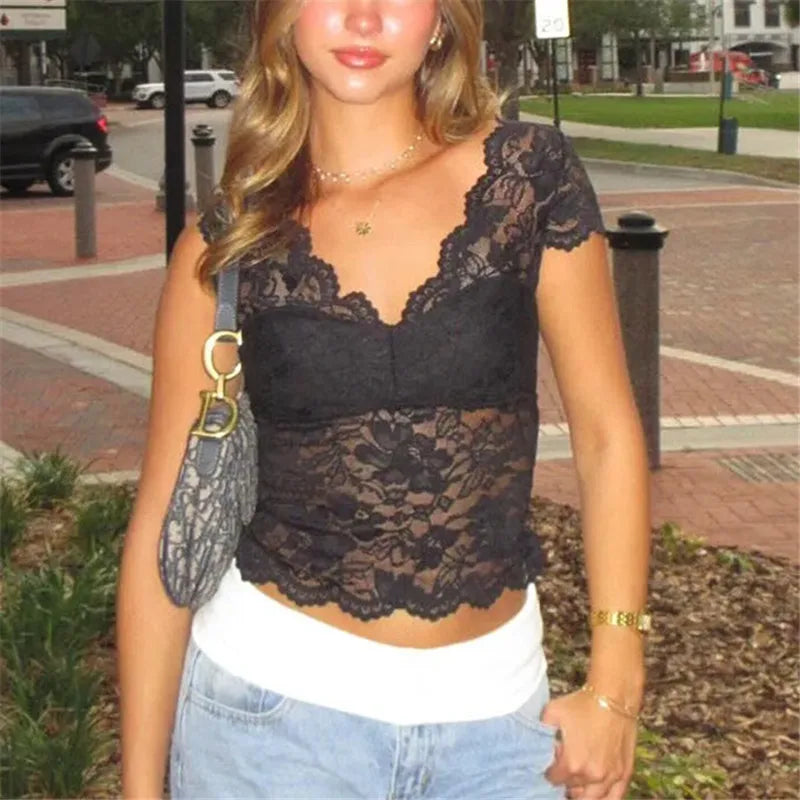 Y2K Sexy Sheer Lace Crop T-Shirt V Neck Scallop Trim Short Sleeve Slim Fitted Hollow Back Night Club Party Cropped Top