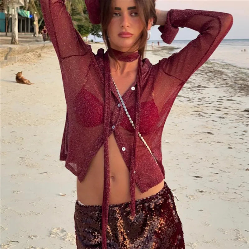 Women's Glitter Sheer Mesh Shirt Long Sleeve Choker Neck Button Down Cropped Blouse Y2K Party Clubwear See Through Top