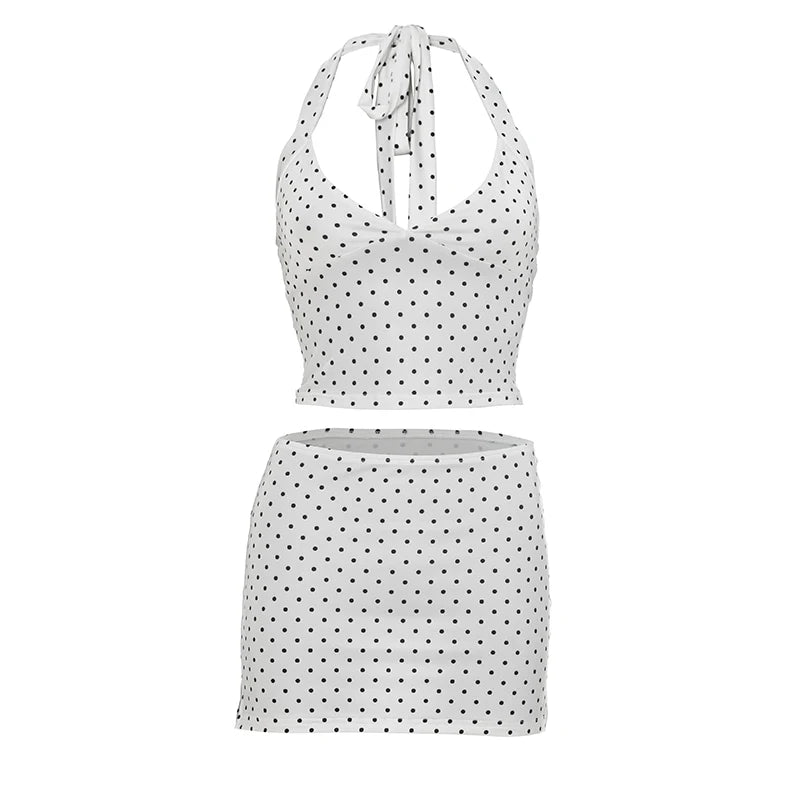 Polka Dot Print 2 Piece Set Women Sexy Halter Low-Neck Backless Tank Top+Split Peach Hip Skirt Hottie Street Clubwear