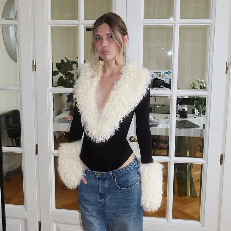 Faux-fur Collar Deep V Neck Long Sleeve Bodysuits & One Pieces Bodycon Top Women' S Clothing Winter 2026