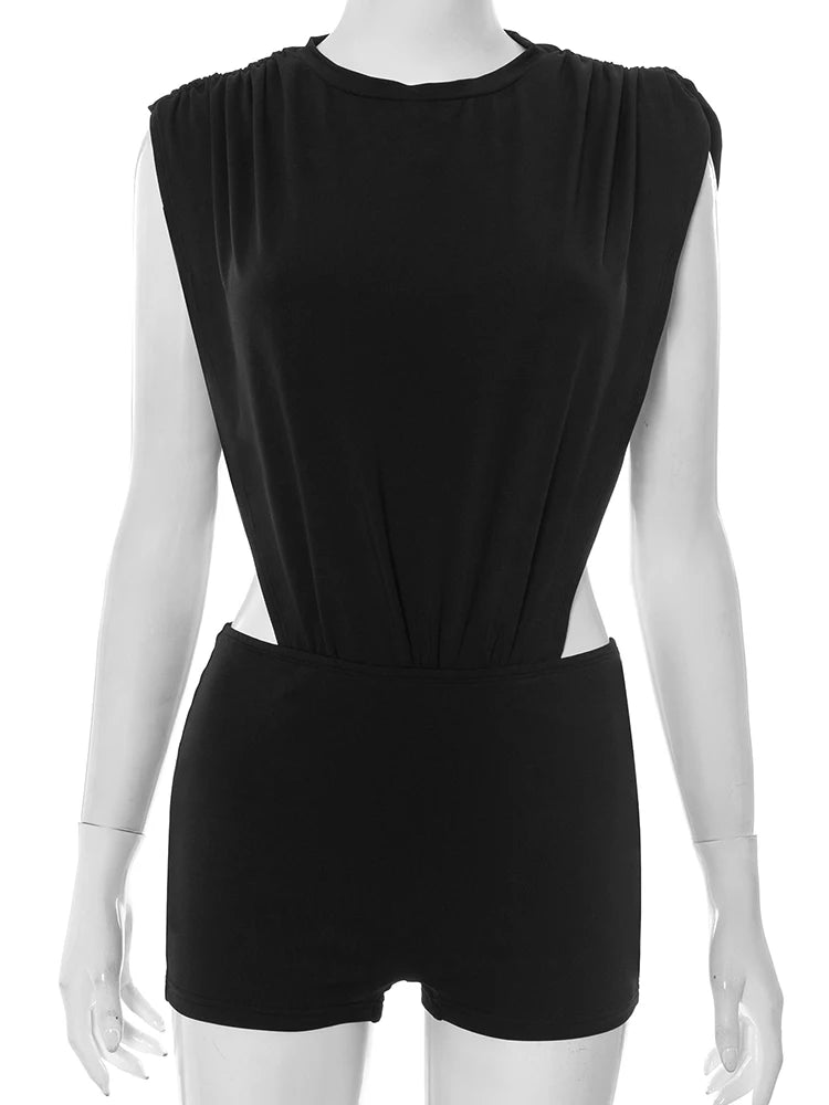 Sexy Women 2 Piece Set Coquette Sleeveless Side Split Bodysuit Tops+Shorts Stretch Midnight Matching Clubwear Suits