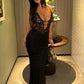 Lace Spaghetti Strap Sexy Maxi Dress Women Gown Black Deep V Neck Sleeveless Backless Bodycon Club Party Long Dresses