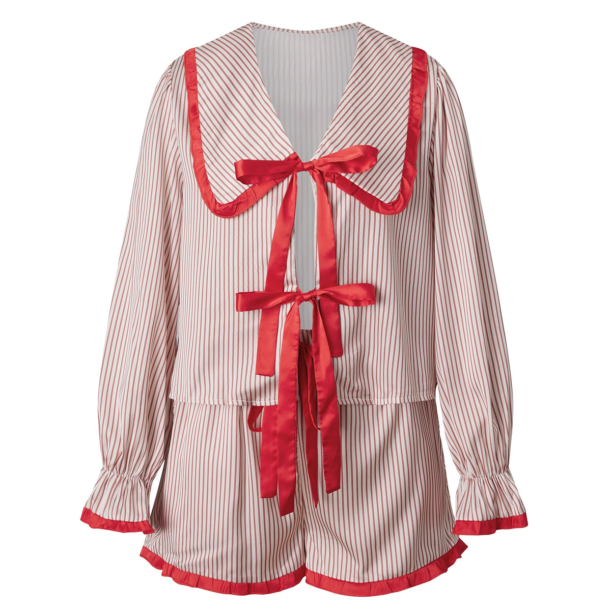 Women Satin Christmas Pajama Set Peter Pan Collar Front Tie Long Sleeve Ruffle Top Shorts Two Piece Xmas Loungewear