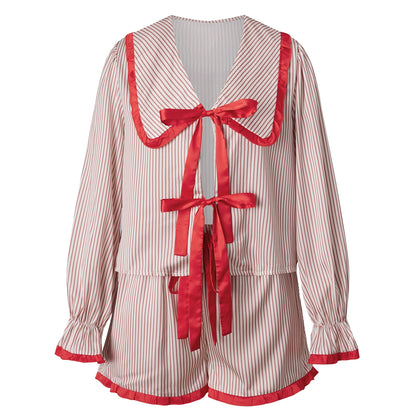 Women Satin Christmas Pajama Set Peter Pan Collar Front Tie Long Sleeve Ruffle Top Shorts Two Piece Xmas Loungewear