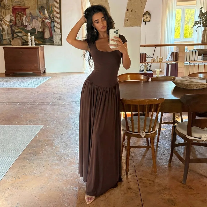 Cap-sleeve Flowing Pleated Maxi Dress Brown 2026 Fall Dresses for Woman Elegant Clothing