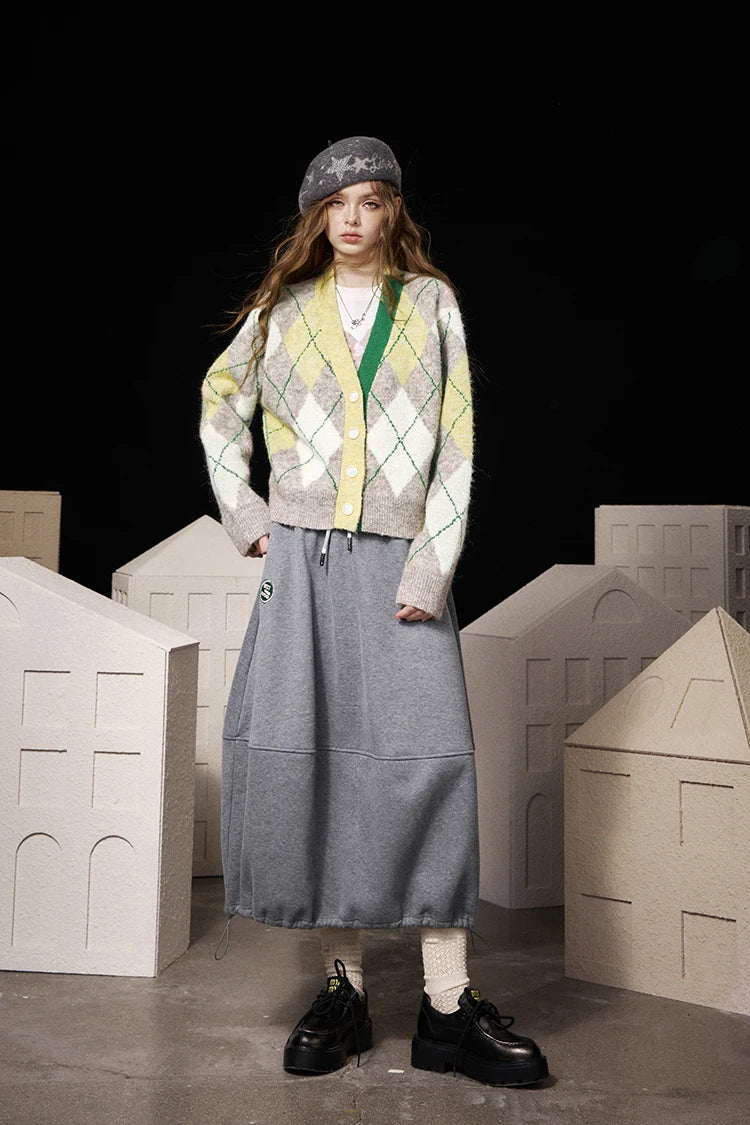 2025 V Neck Cardigan Women, Loose Preppy Wool Blend Sweater, Y2K Diamond Pattern Open Front Knit Top