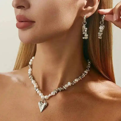 Vintage Imitation Pearl Choker Necklace Drop Earrings for Women Wedding Bridal Beads Chain Love Heart Jewelry Set New