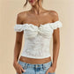 Women Off Shoulder Lace Crop Top Solid Ruffle Trim Floral Embroidery Twist Front Slim Fit Party Clubwear Short Blouse