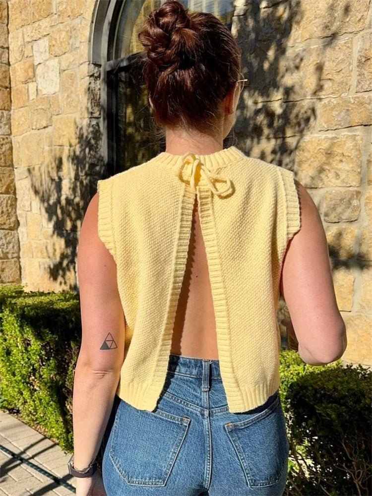 Lace-Up Back Split Tank Top Women 2025 O-Neck Knit Y2K Stretch Simple Solid Sexy Elegant Clubwear Skinny Summer Vest