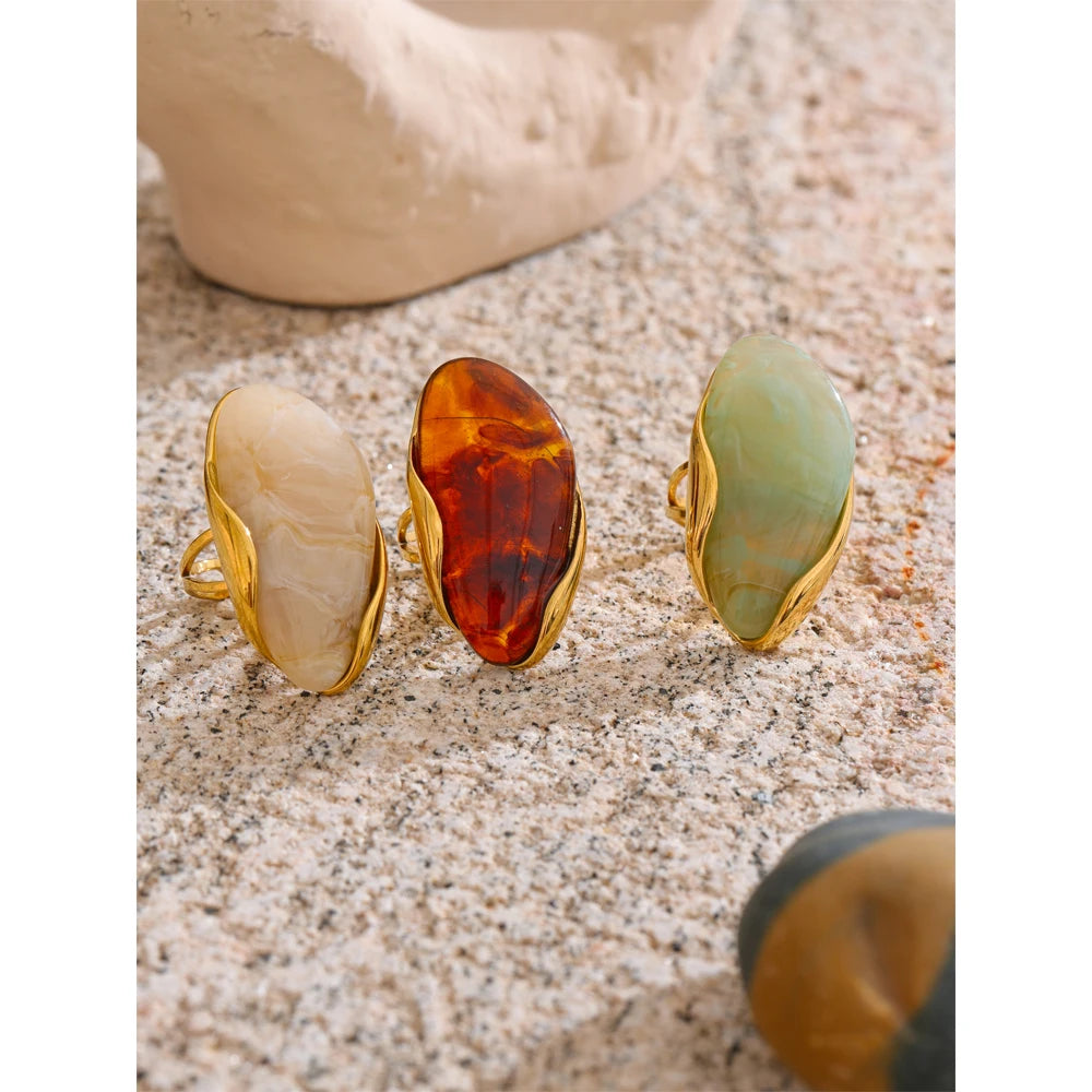 New Design Brown Green Beige Resin Geometric Adjustable Ring Golden PVD Stainless Steel Rust Proof Finger Jewelry Gift