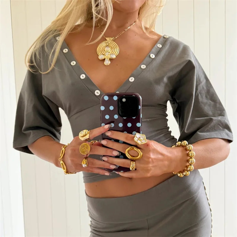Double Front Back Deep V Button Detail Cropped Top Half Sleeve Ruched Waist Slim Fit Stretch Y2K Going Out Crop Blouse