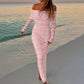 Women Off Shoulder Long Dress Slim Lace Flower Long Sleeve Backless Long Bodycon Maxi Dress for Daily Travel