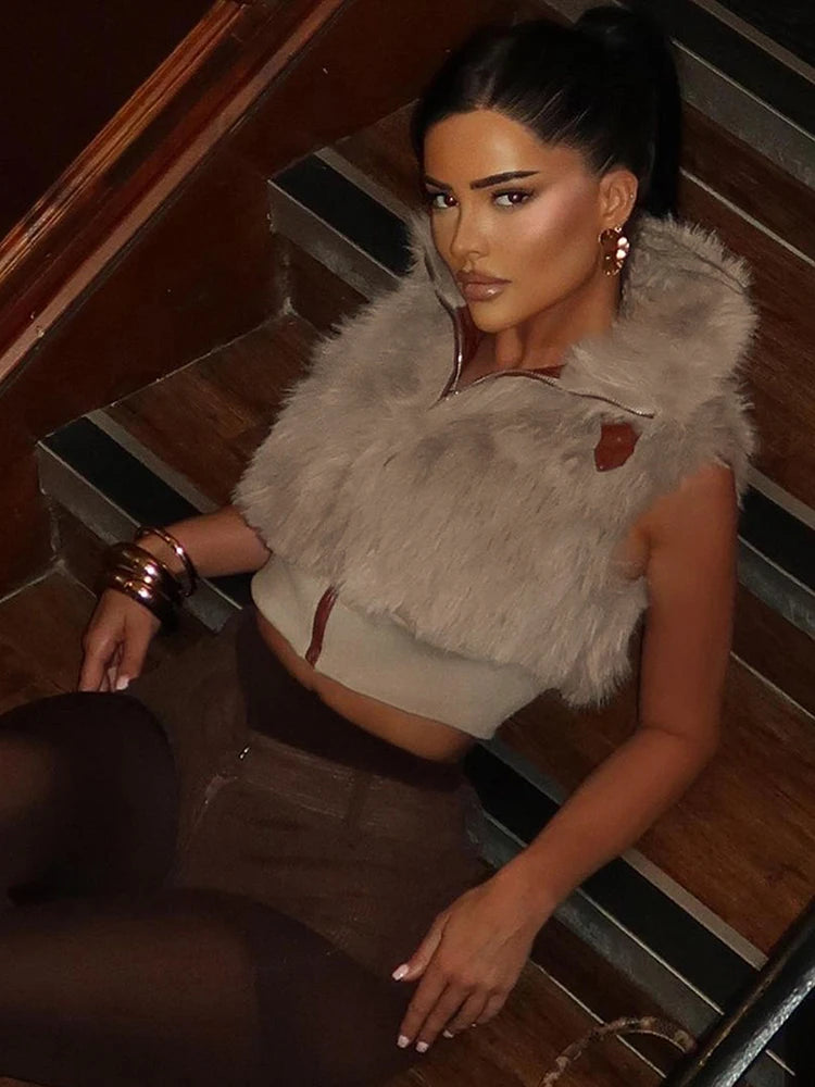 Sexy Furry Tank Tops Women Autumn Trend Patchwork Zip Metal Leather Buckle Slim Hottie Wild Street Clubwear Waistcoat