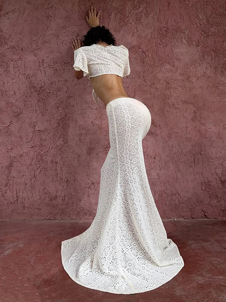 Jacquard Knit 2 Piece Set Women Elegant Ruffled Bead V-Neck Bandages Crop Tops+Long Skirt Fashion Vacation Party Suit