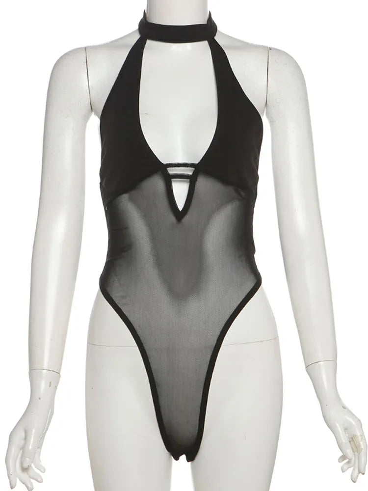 Sexy See Through Bodysuit Women Hollow v-Neck Patchwork Button Halter Backless  Midnight Stretch Summer Body Topss
