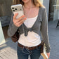 Women Tie Front Cropped Cardigan Long Sleeve Solid Color Knotted Front Slim Fit Short Shrug Casual Spring Fall Outerwear