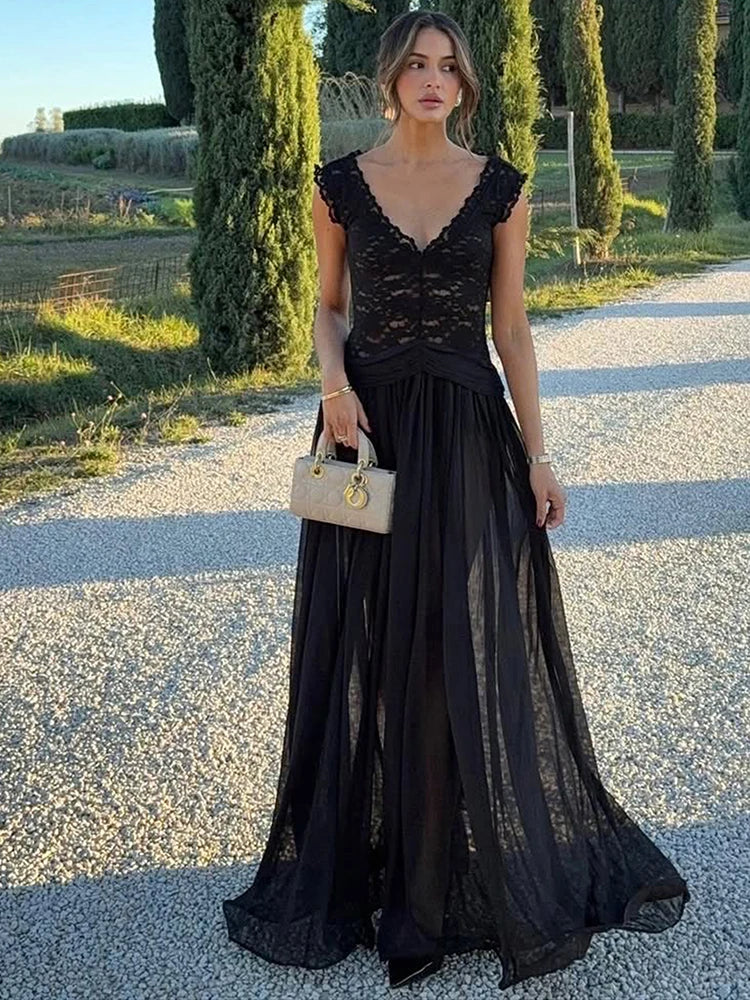 Patchwork Jacquard Mesh Maxi Dress Women v-Neck Folds Sleeveless Skinny Elegant Wedding Party Chic Vacation Vestidos