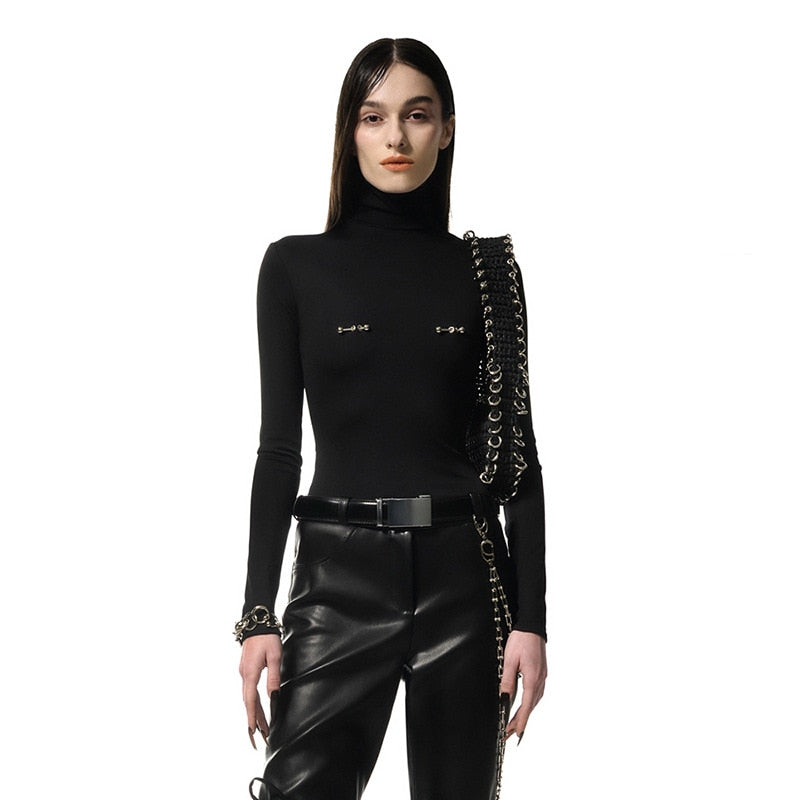 Going Out Tops Y2k Streetwear Hardware Turtleneck Long Sleeve Tees Sexy Black T Shirt for Women Fall 2023