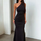 One Shoulder Backless Sexy Maxi Dress Women Elegant Sleeveless Ruched Waist Bodycon Evening Club Party Long Dress