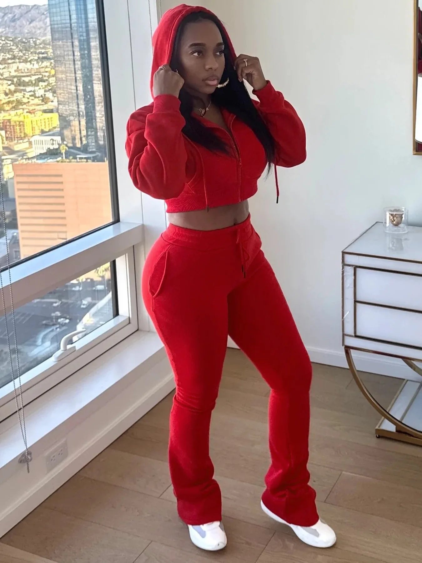 Casual Simple Women 2 Piece Set Pocket Hooded Zip Crop Jacket+Pants Sporty Matching Streetwear Skinny Basic Outfits