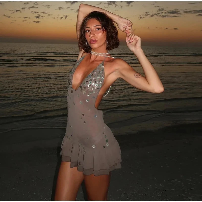 Summer Women Halter Sequin Ruffled Mini Dress Women V-neck Sleeveless Lace Up Backless Pleated Sexy Beach Dresses