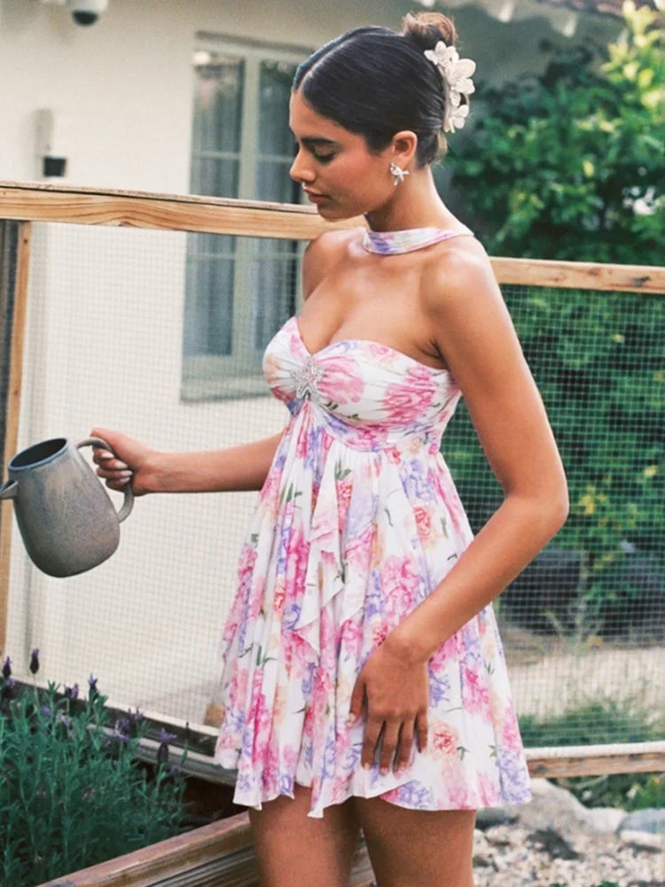 Floral Mesh Dresses Off Shoulder Halter Backless Irregular Mini Dress Sexy Outfits Woman Clothing