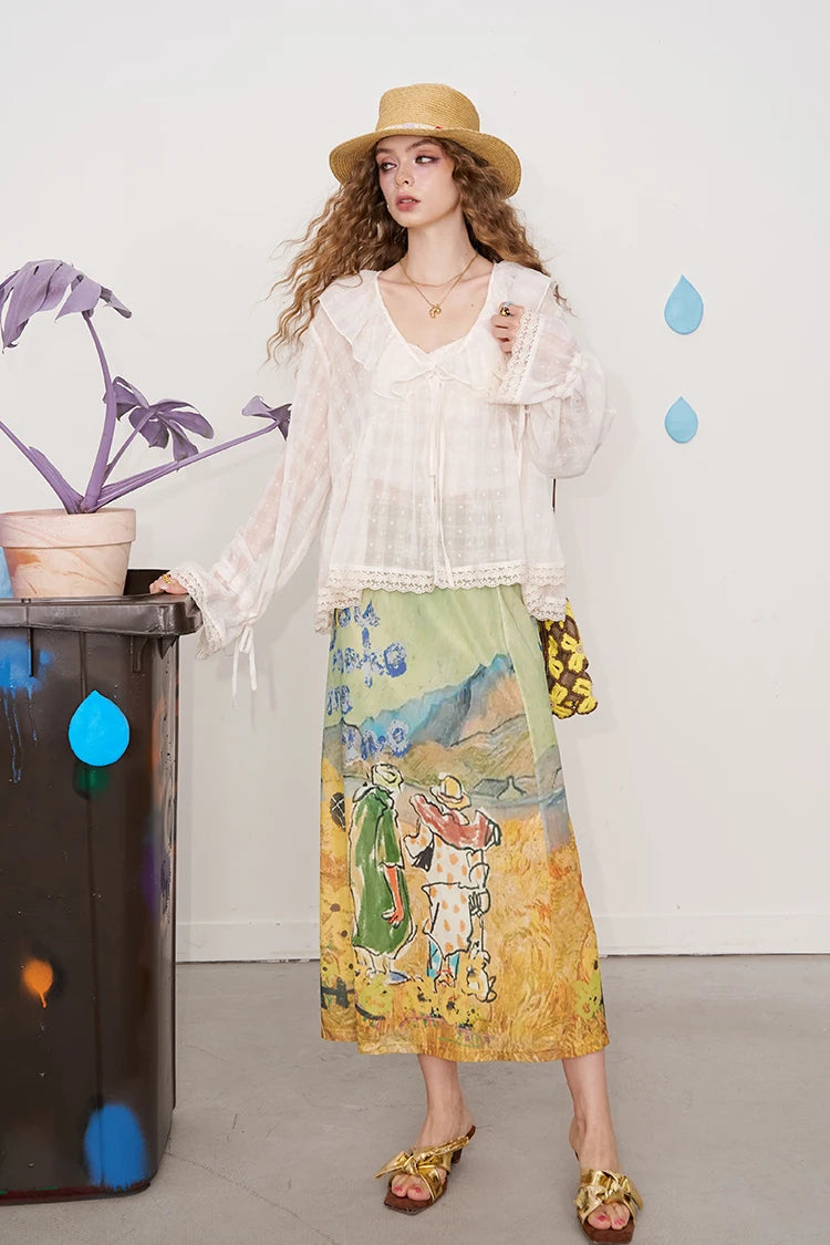 2025 Summer New Arrival Light Multi-color Oil Painting Style Graphic Maxi Skirt For Woman