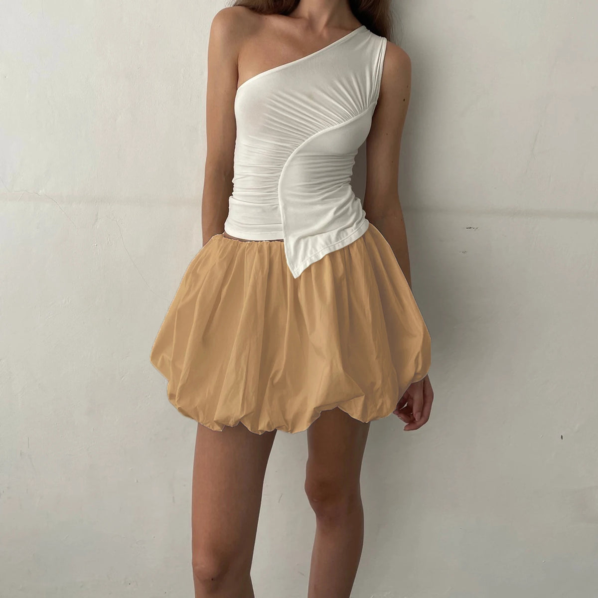 Women Y2K Bubble Skirt Elastic Waist Pleated Ruffle Hem A Line Mini Skirt Girls Cute Short Puffy Balloon Skirt