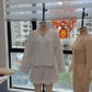 Linen Shorts Outfits Women 2 Piece Set Tie Front Long Sleeve Shirt and Ruffle Shorts Lounge Matching Set Tracksuit