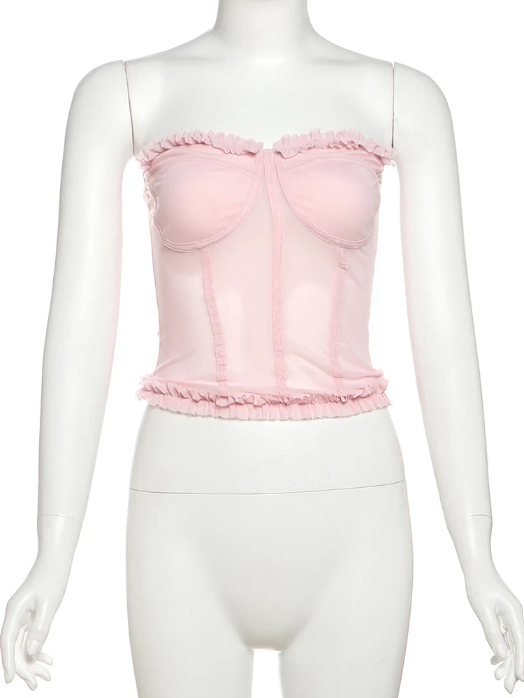 Folds Sexy Strapless Tops Y2K Patchwork See Through Skinny Summer Trend Backless Wild Basic Street Vacation Chic Vest