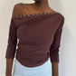 Women Retro Y2K Off Shoulder 3/4 Sleeve Top Asymmetric Neckline with Eyelet Details Fitted Casual Blouse Trendy Outfits