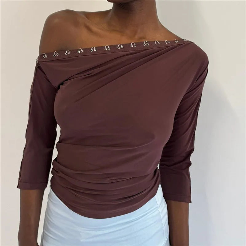 Women Retro Y2K Off Shoulder 3/4 Sleeve Top Asymmetric Neckline with Eyelet Details Fitted Casual Blouse Trendy Outfits