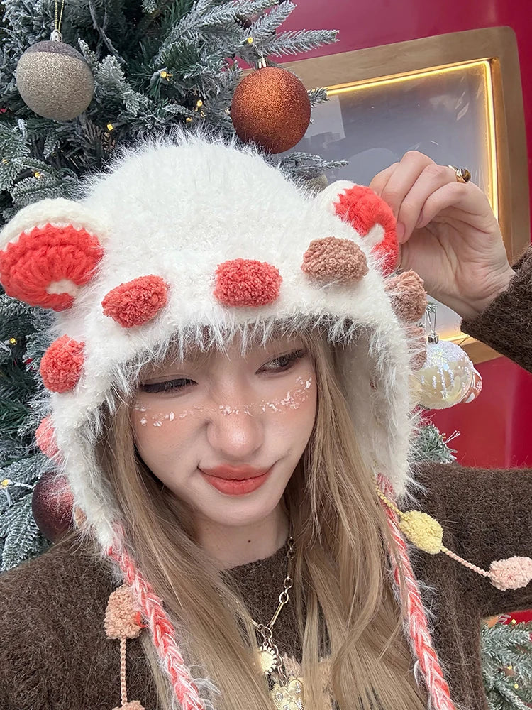 Cute 3D Ear Pom Pom Ear Flap Knit Beanie For Women