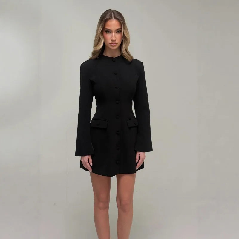 Button Up Long Sleeve Mini Dress Black Elegant Office Ladies Clothes Women's Casual Dresses Spring 2026