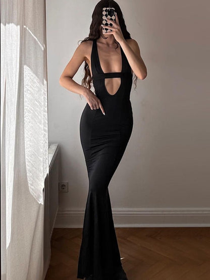 Sexy Cutout Deep V Backless Maxi Dress Black Elegant Cocktail Party Dresses for Women Clothing Autumn 2023