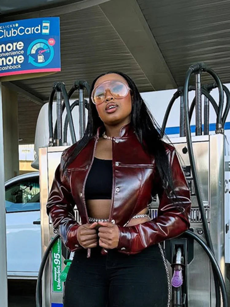 Irregular PU Jacket Women Sexy Stand Collar Magnetic Snap Button Chic Waistless Street Clubwear Hipster Autumn Coat