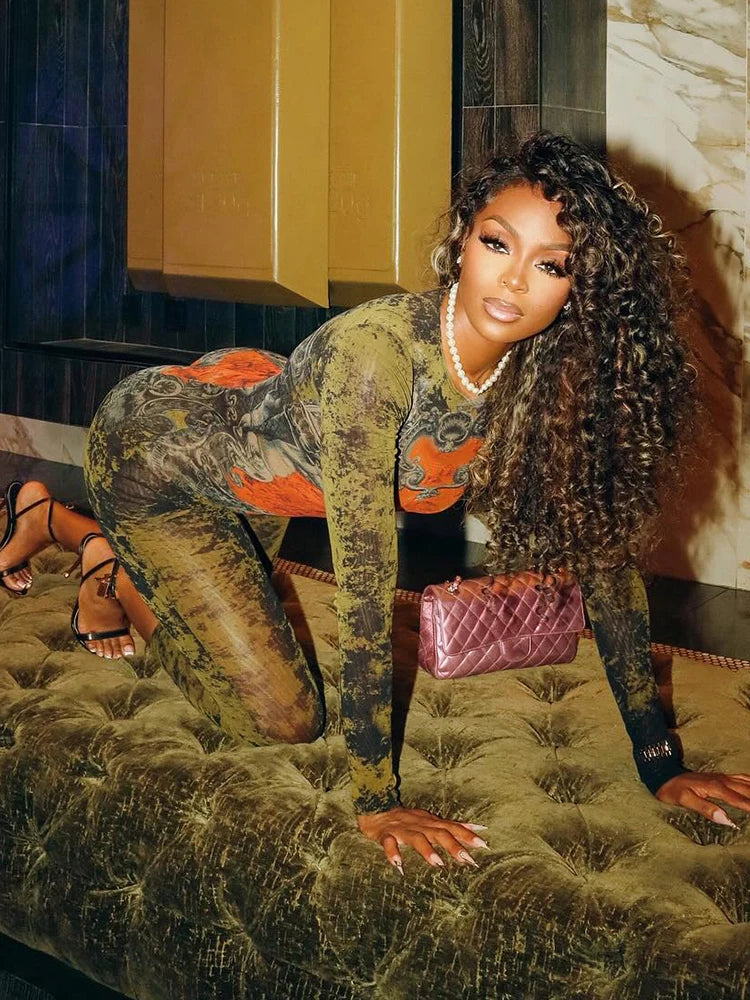 Tie-Dye Print Jumpsuit Women Fitness Stretch Tight Sexy o-Neck Full Sleeve Skinny Streetwear Autumn Zip Slim Overalls