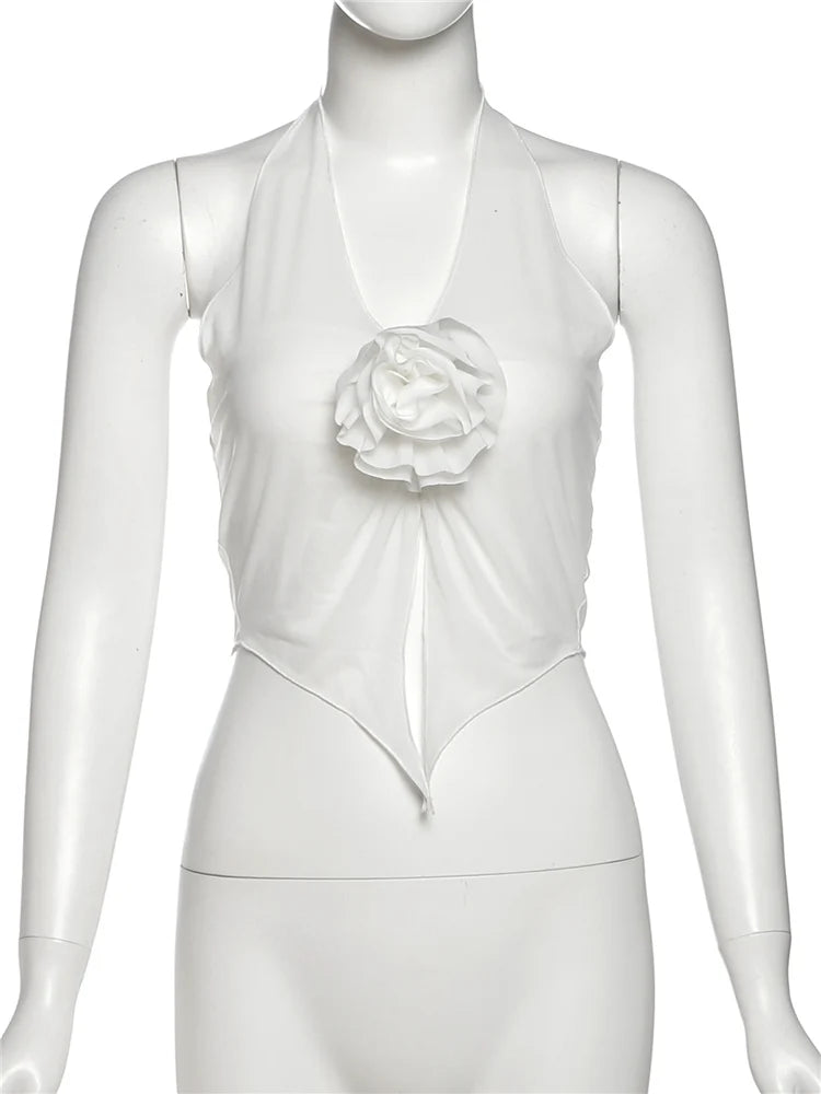 Mesh 2Piece Set Women 3d Flower Applique Lace-Up Halter Tank Top+Irregular Tierred Skirt Sexy Skinny clubwear Outfits