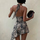 Zebra Print Halter Dress Women Wild Trend Sexy Backless Deep V-Neck Bandages Irregular Hem Sexy Street Party Clubwear