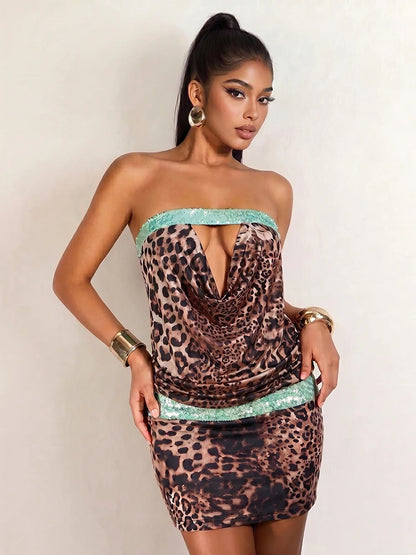 Sequins Patchwork Mini Dress Woman Leopard Print Wrap Chest Backless Skinny Peach Hip Street Wild Fashion Bodycon