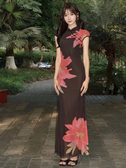 Short Sleeve Skinny Button Flower Print Women Stand-Up Collar Elegant Chinese Style Summer Trend Daily Classic Vestidos